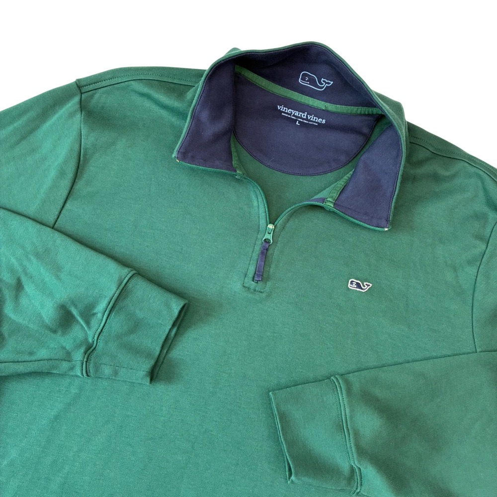Vineyard Vines Quarter Zip Mens Large Green Pima Cotton Pullover Sweater Whale